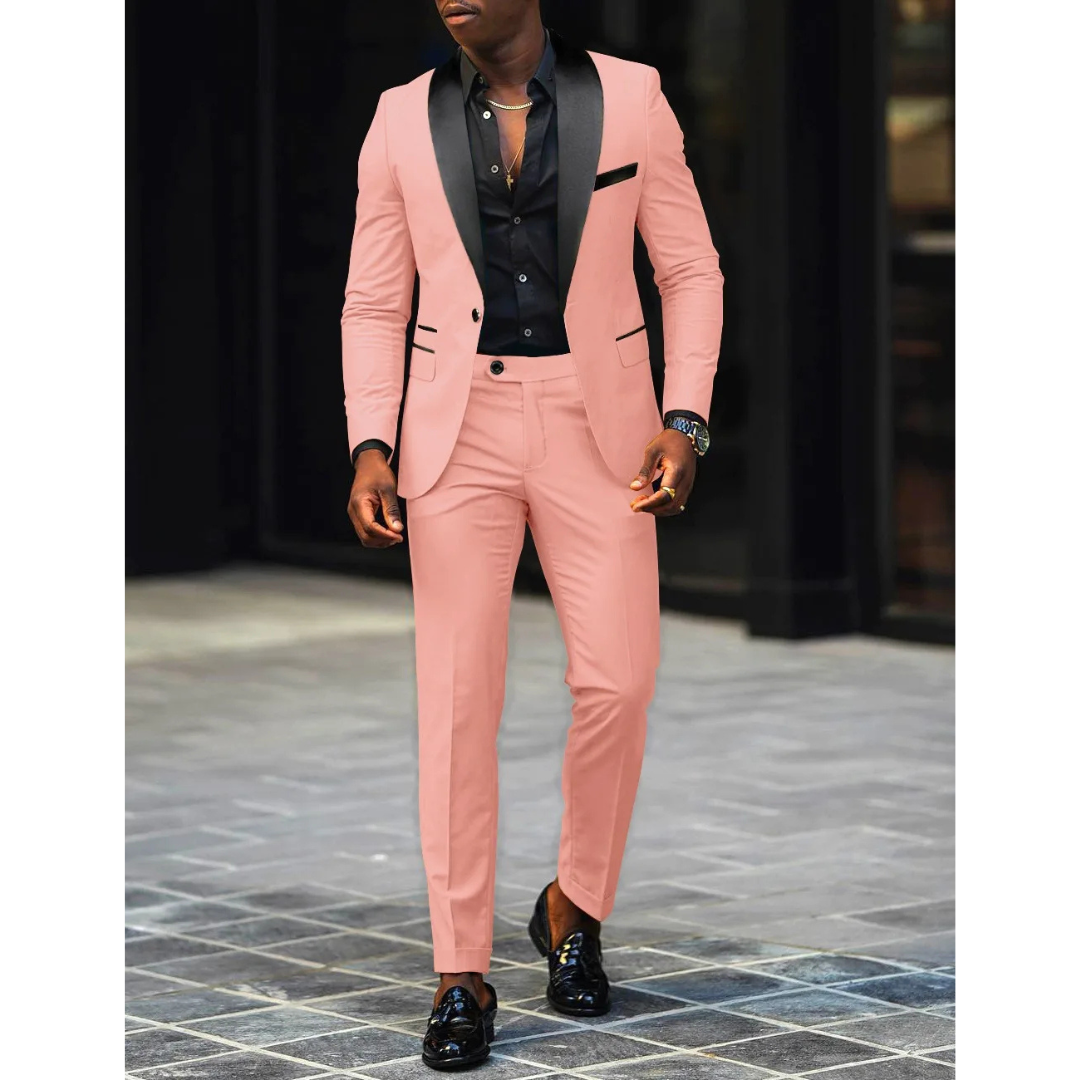 Men's slim fit black tuxedo suit with satin lapels, structured blazer and matching trousers for weddings