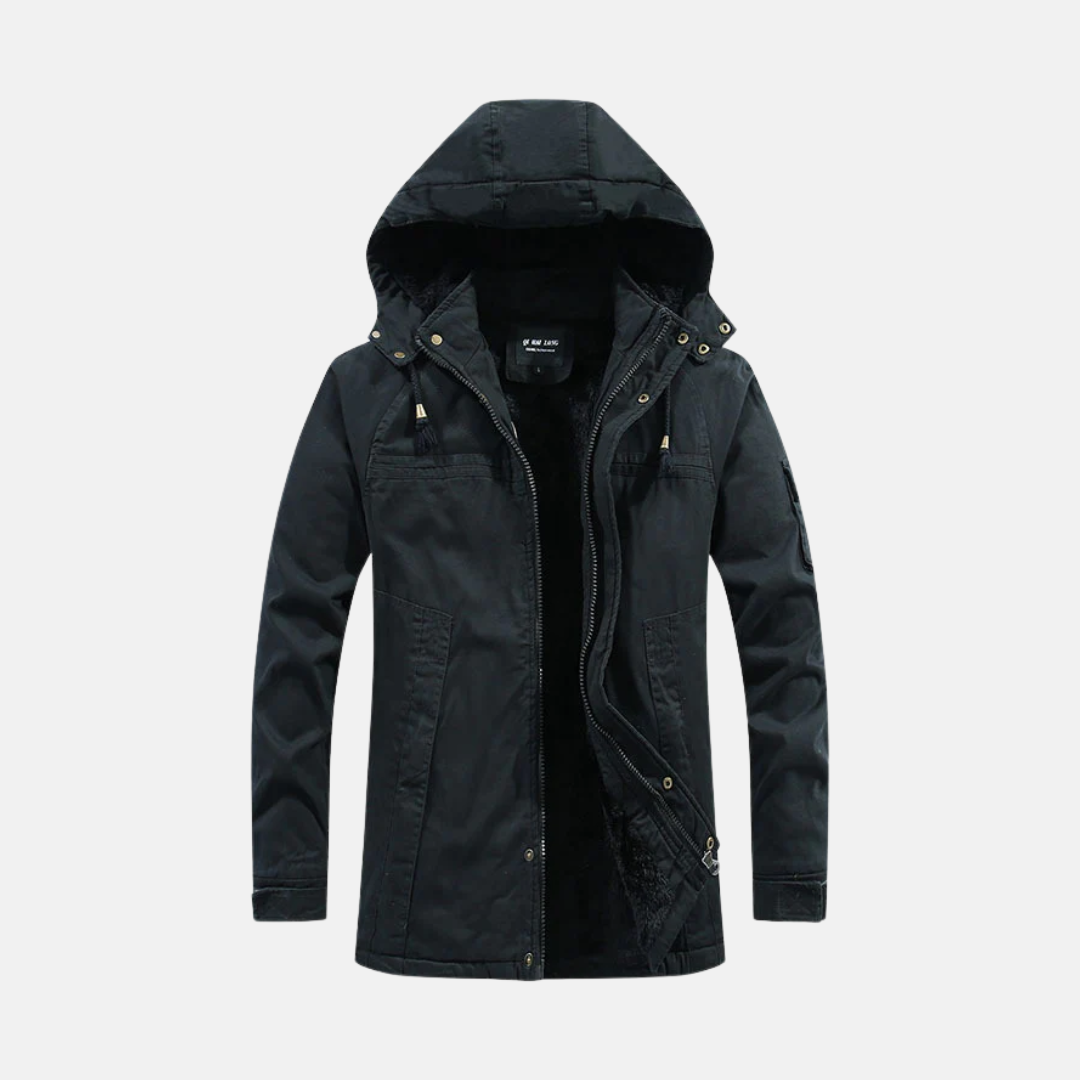 Men's relaxed-fit hooded coat with sherpa lining, utility pockets, and zipper closure for outdoors