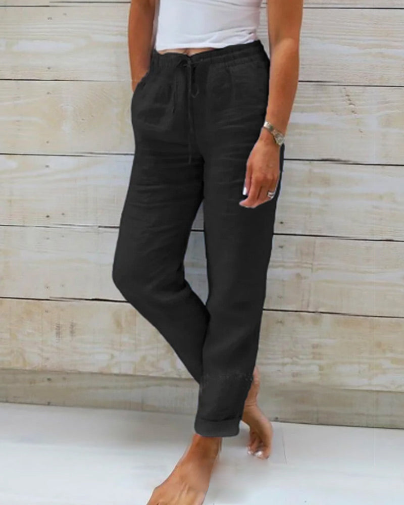 Monica women's beige linen cotton elastic waist pants relaxed fit lightweight breathable everyday comfort