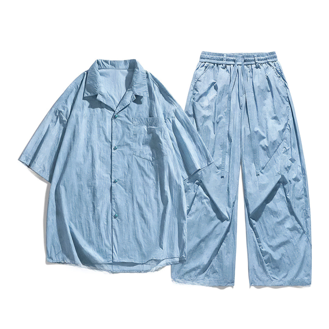 Turquoise nylon two-piece matching set with elastic waistband and button accent details for women