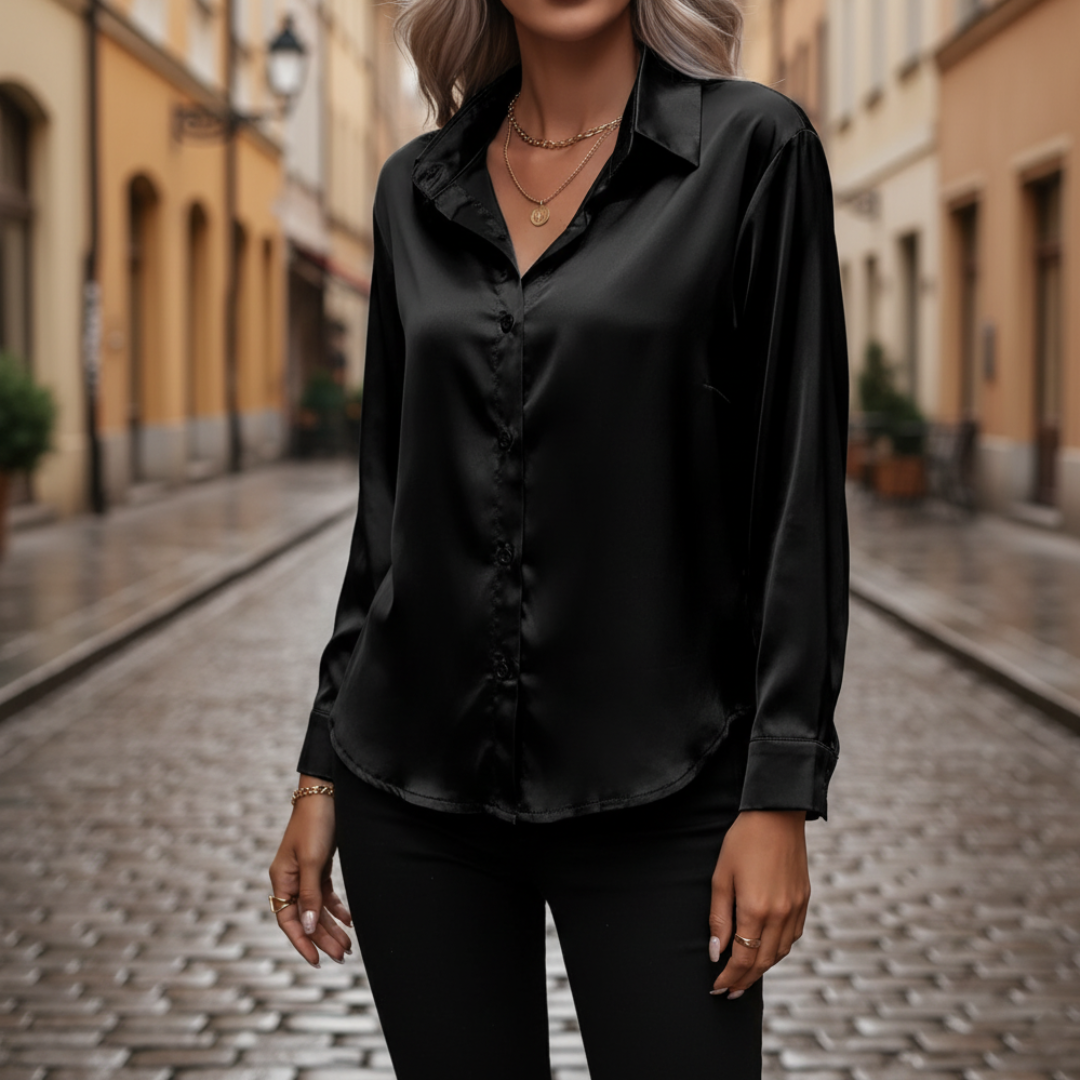 Women's satin long-sleeve blouse in fluid drape fabric, point collar, polished formal business style