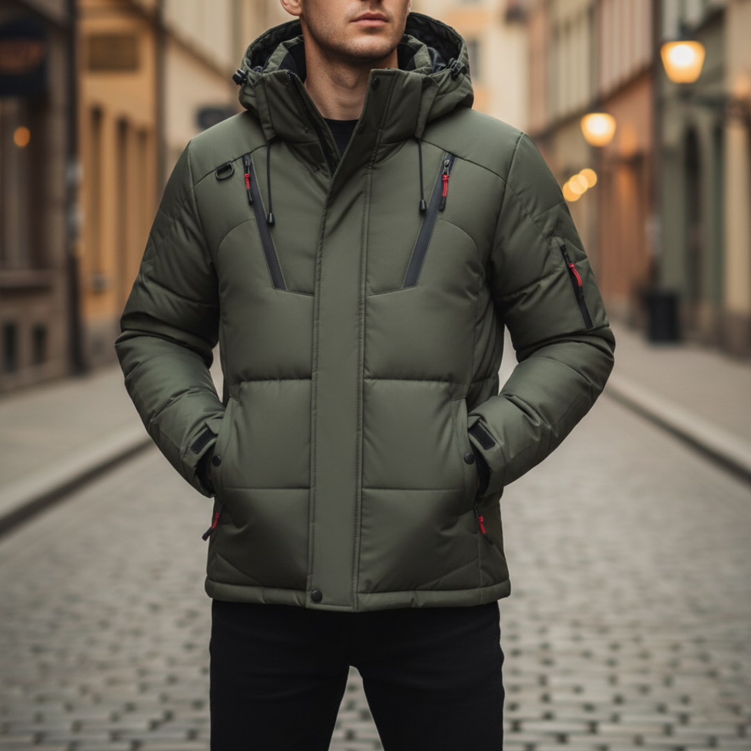 Men's hooded down jacket waterproof windproof winter coat for outdoor adventure cold weather