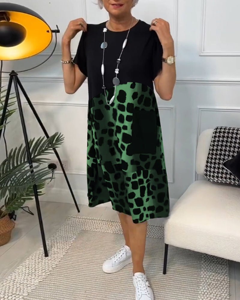 Colorblock midi dress solid top animal print skirt loose fit with functional pocket for women