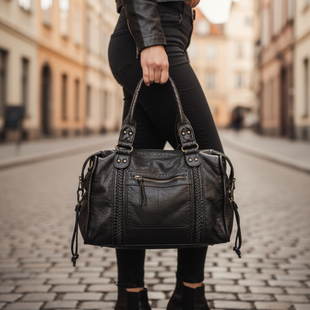 Women's Black Leather Bag With Handles - Urbann-Vibe