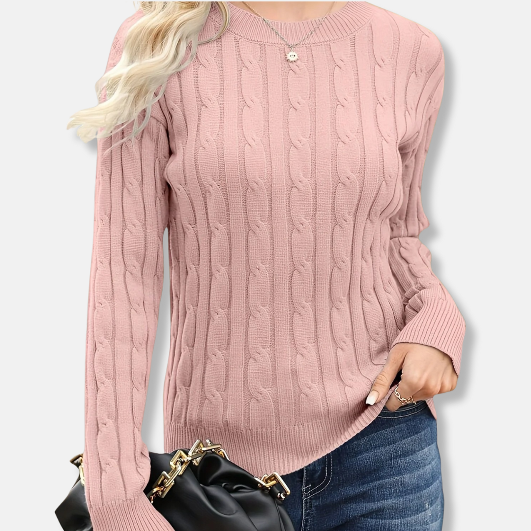 Women's wool blend cable knit crew neck sweater, relaxed hip-length fit in classic neutral tones