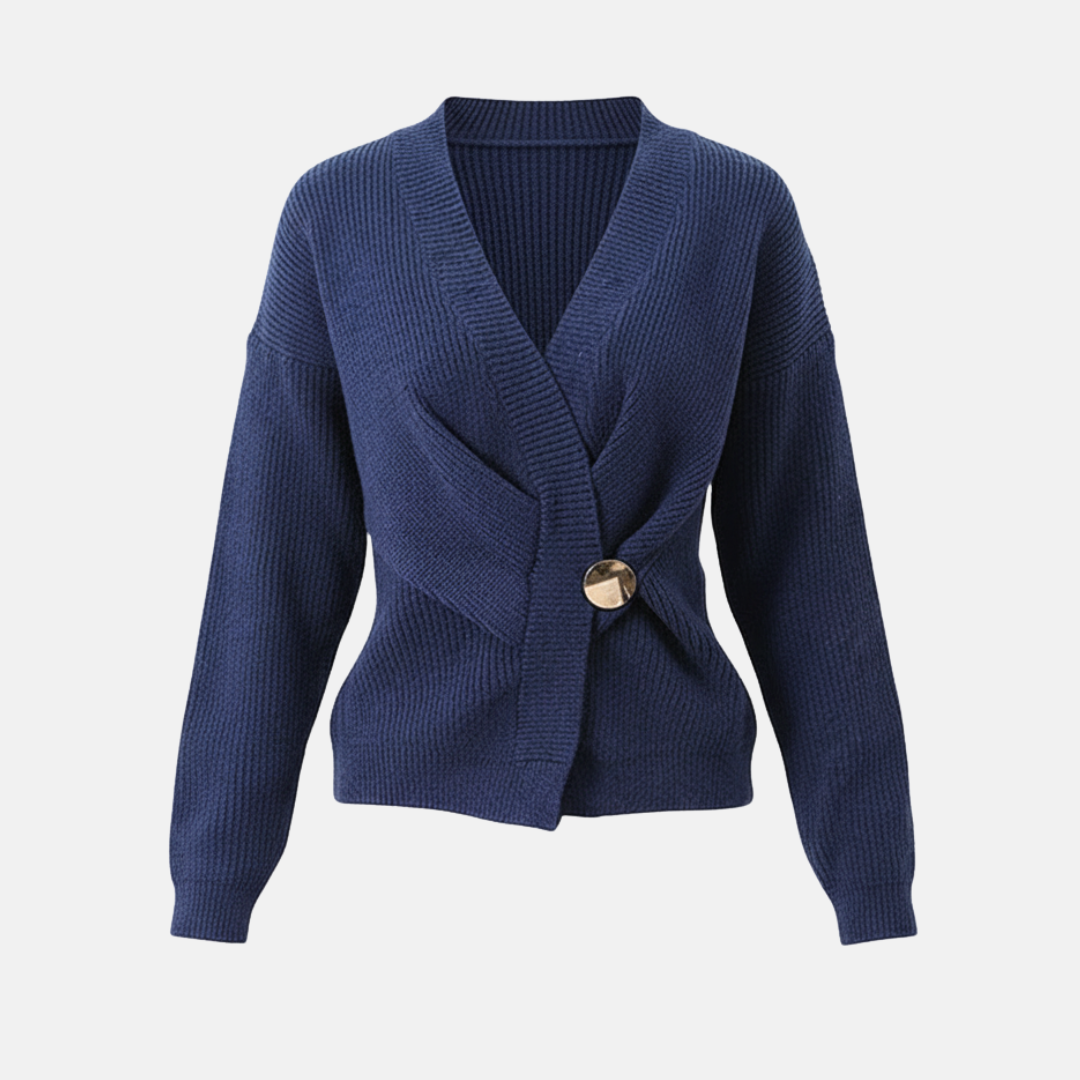 Women's wrap style ribbed knit sweater top, deep V-neck, asymmetrical hem, modern elegant fit