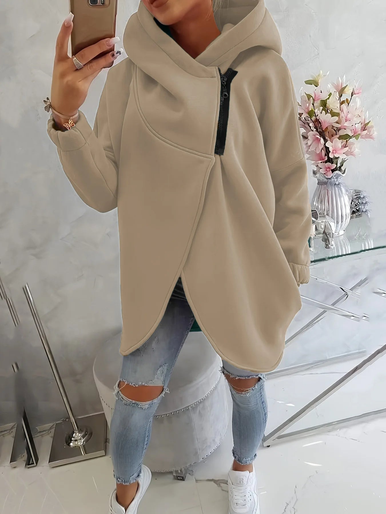 Women's asymmetrical zip hoodie wrap-front sculptural silhouette premium cotton blend streetwear
