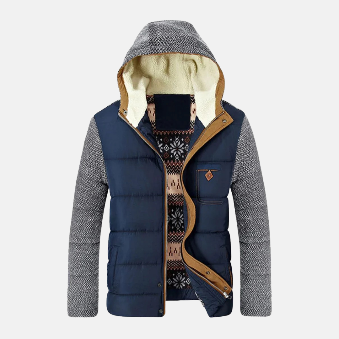 Men's slim fit quilted winter jacket with removable hood, stand collar, hip-length cut