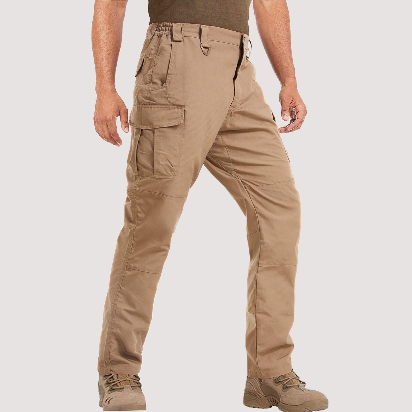 Men's olive tactical cargo pants 9-pocket ripstop water-resistant workwear for outdoor professionals