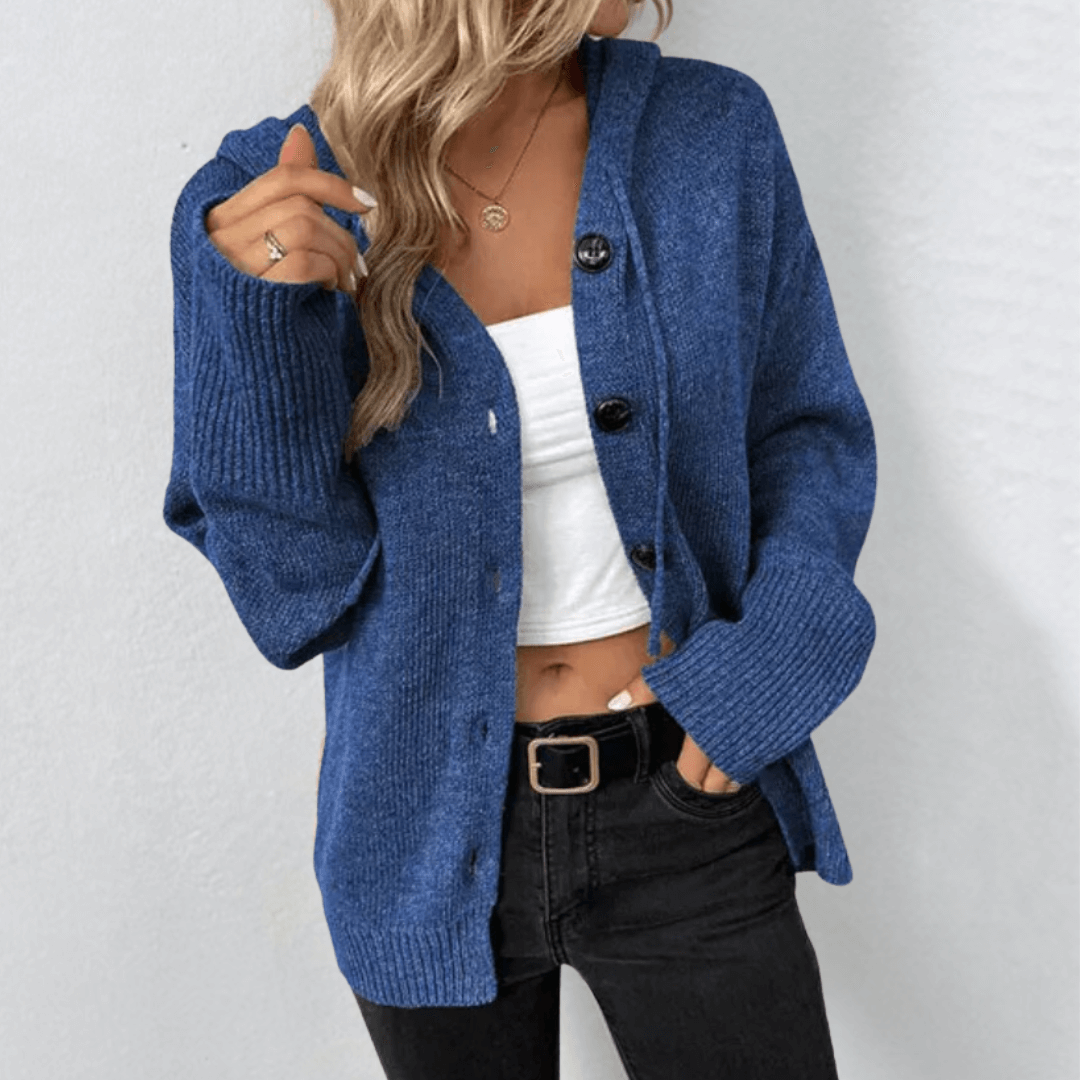 Women's warm knit cardigan in cozy neutral tones, button-down front closure, thermal insulated winter style