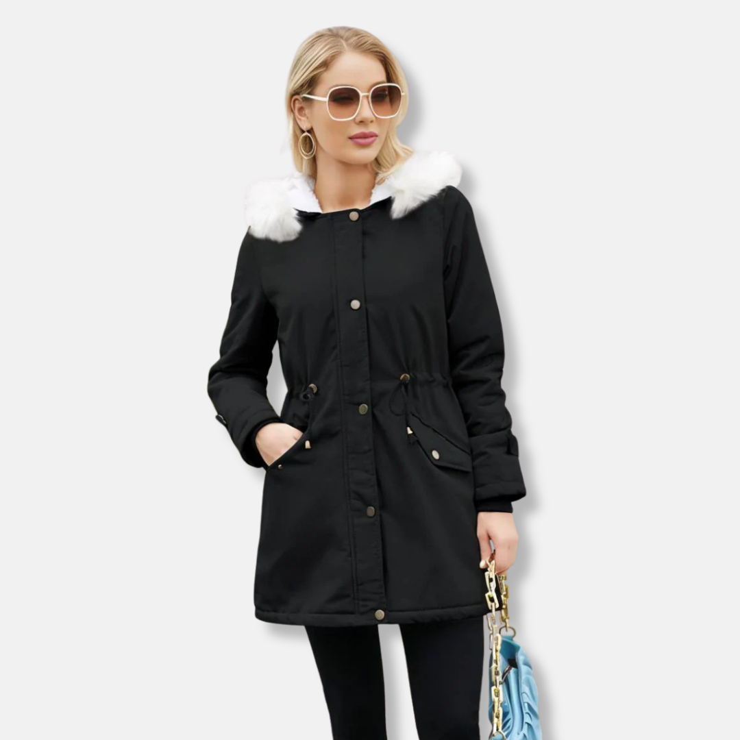 Women's winter parka jacket relaxed mid-thigh fit detachable faux fur trim smooth woven shell