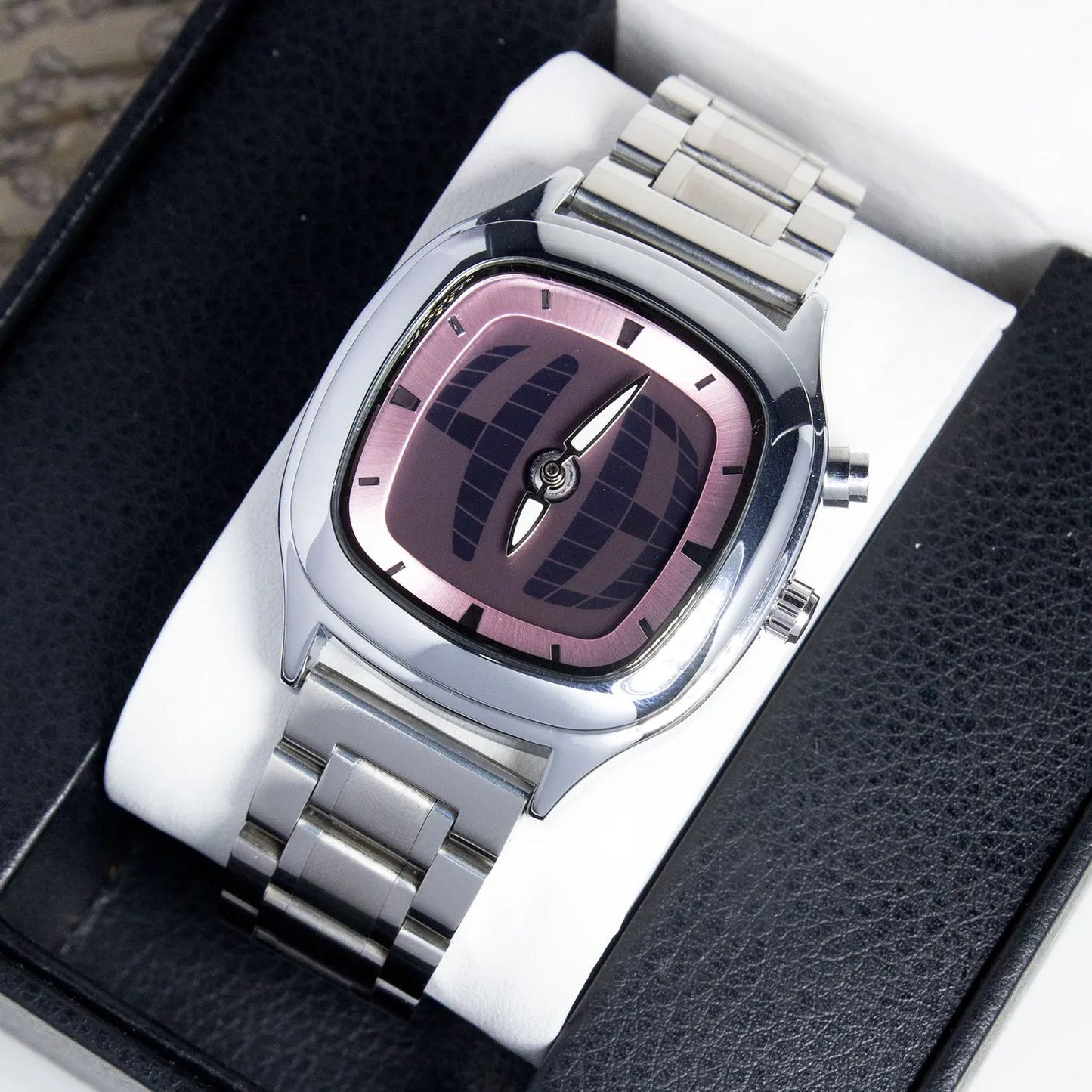Millennium Quadrant square-curved stainless steel watch with light-reactive dial and floating hour markers