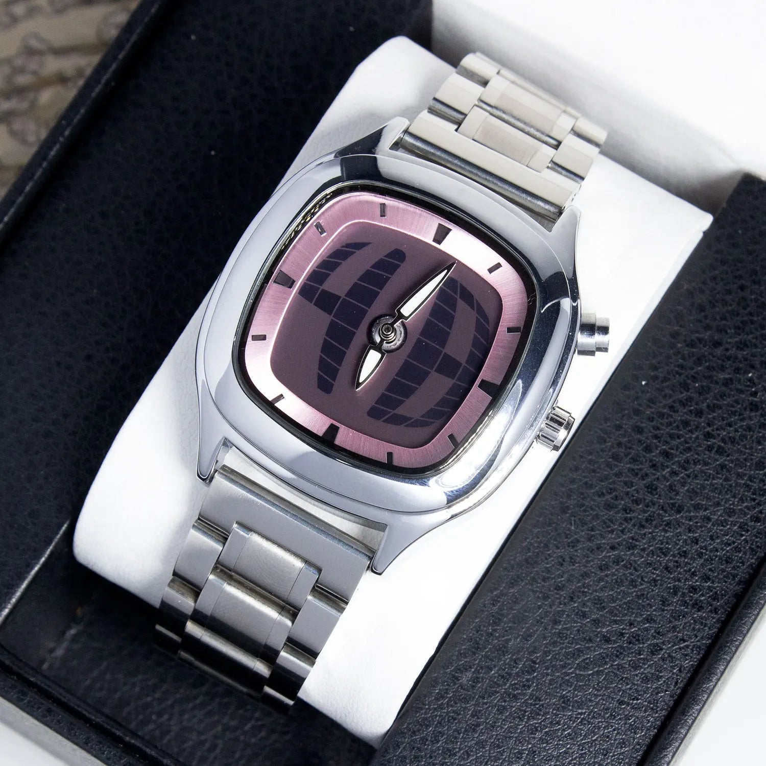 Millennium Quadrant square-curved stainless steel watch with light-reactive dial and floating hour markers