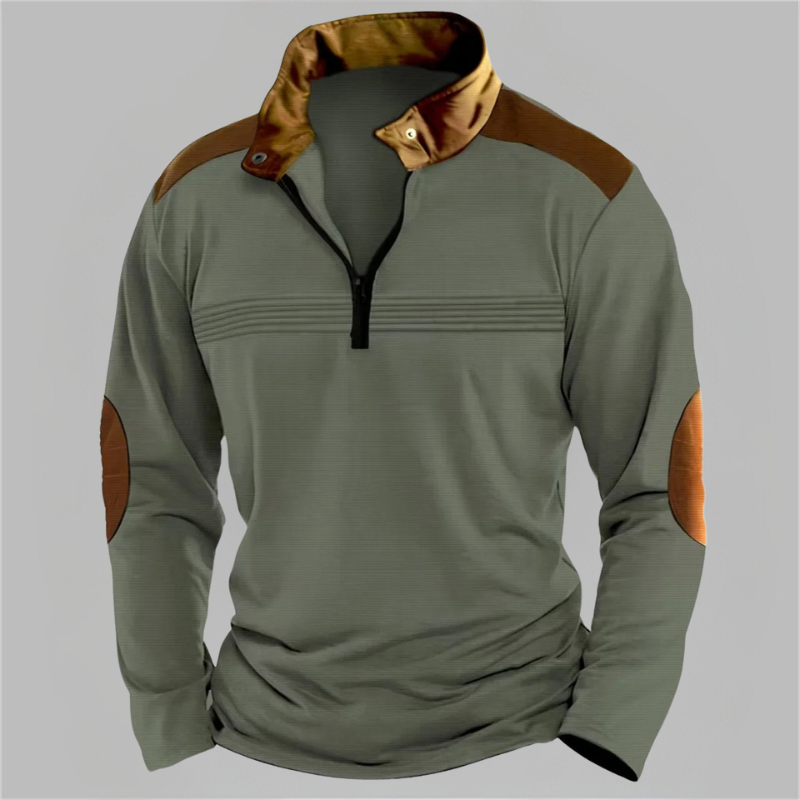 Men's two-tone half-zip pullover in athletic cut with soft texture and contrast color block detailing