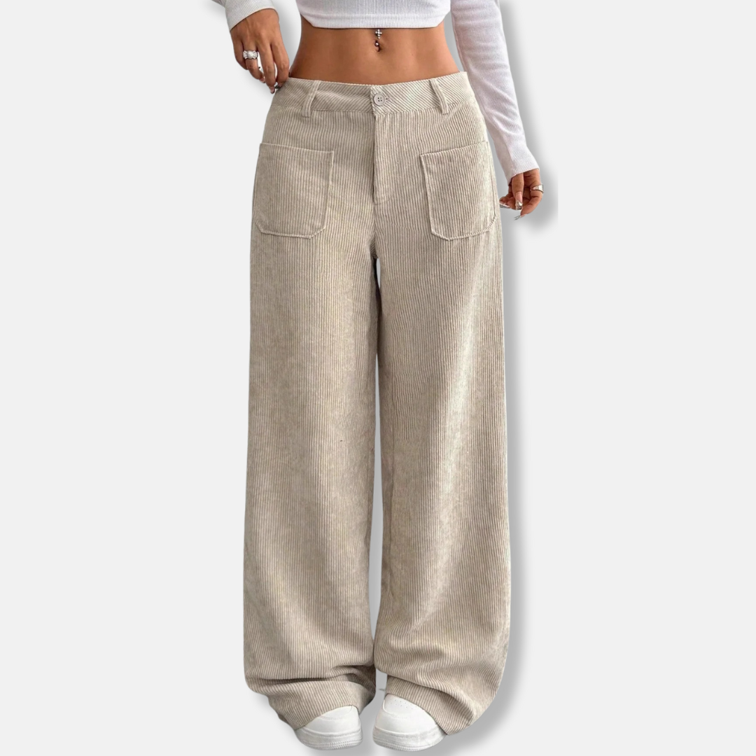 Women's corduroy wide-leg high-waist pants with front patch pockets, relaxed chic fall style