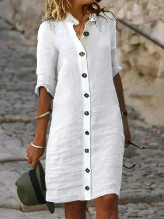Blue linen Sophie dress for women, relaxed everyday silhouette with breathable easy-care fabric