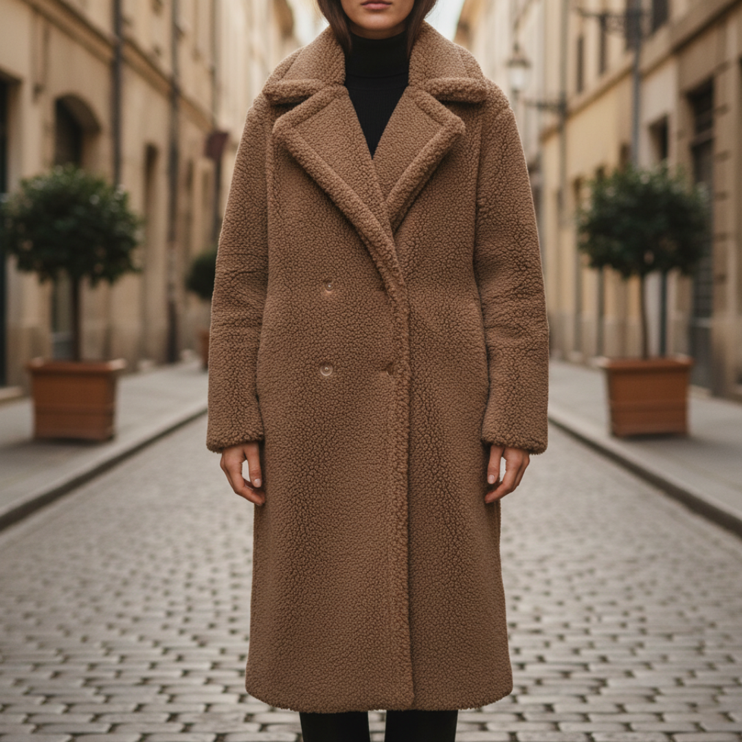 Women's long teddy coat loose fit double breasted notched collar ultra soft long pile insulated warmth