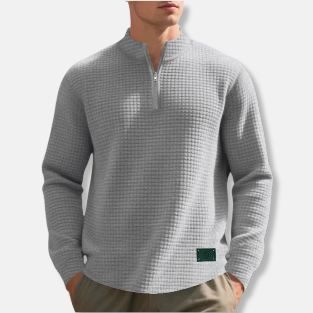 Men's dark waffle knit mock neck quarter-zip sweater regular fit with textured fabric detail