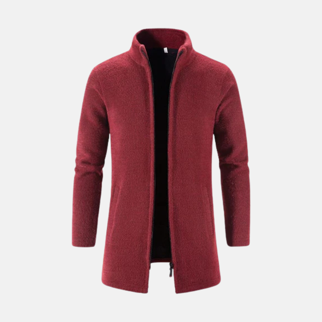 Men's wool mid-thigh coat with stand-up collar, structured business casual outerwear