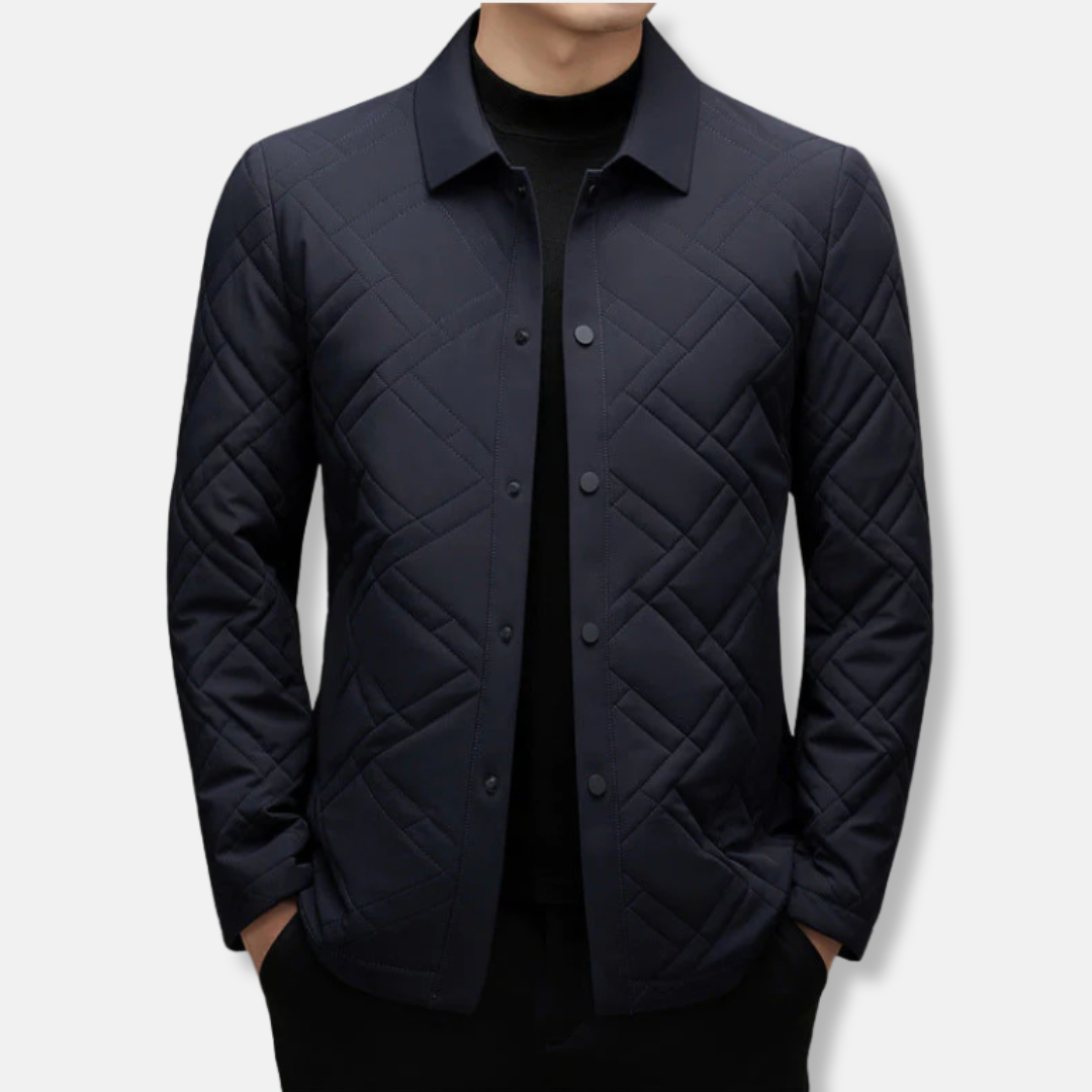 Men's navy quilted jacket tailored fit with point collar and button front insulated padding