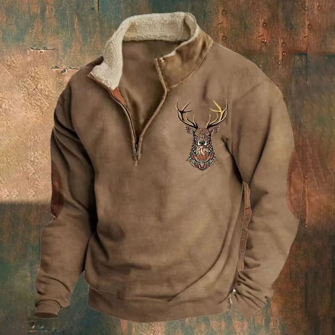 Men's brown embroidered deer pullover half-zip fleece with brushed interior for outdoor layering