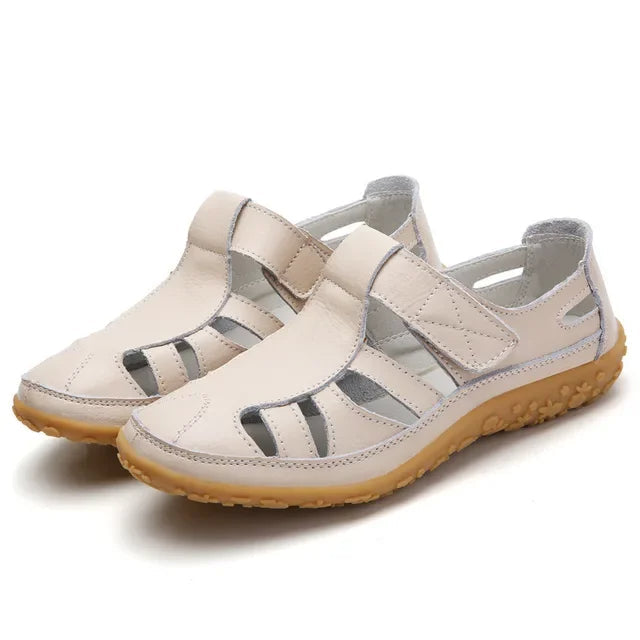 Women's beige casual leather sandals with velcro strap, sneaker-inspired sole for beach and city walks