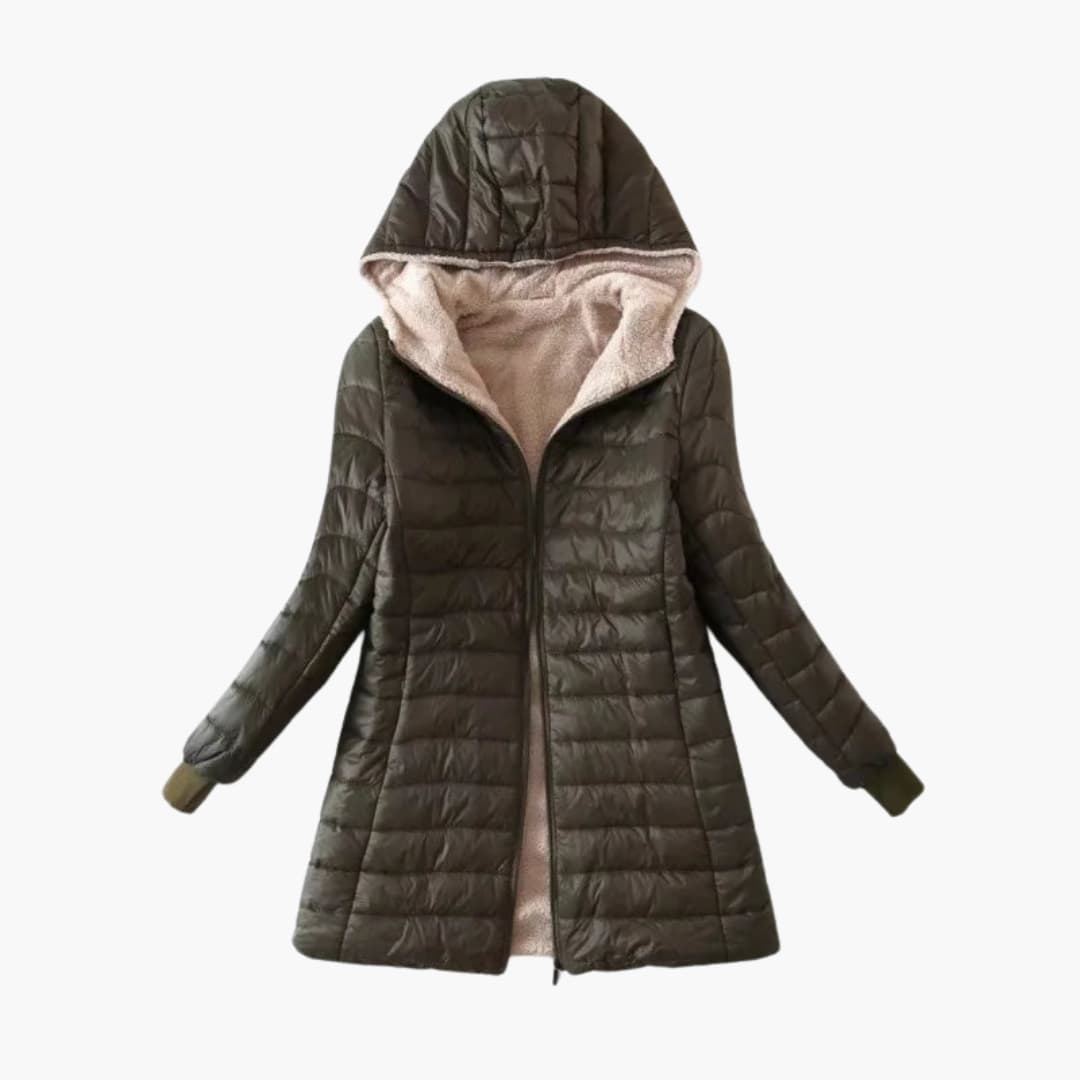 Women's quilted winter jacket with attached hood, full-zip closure, and warm fleece lining