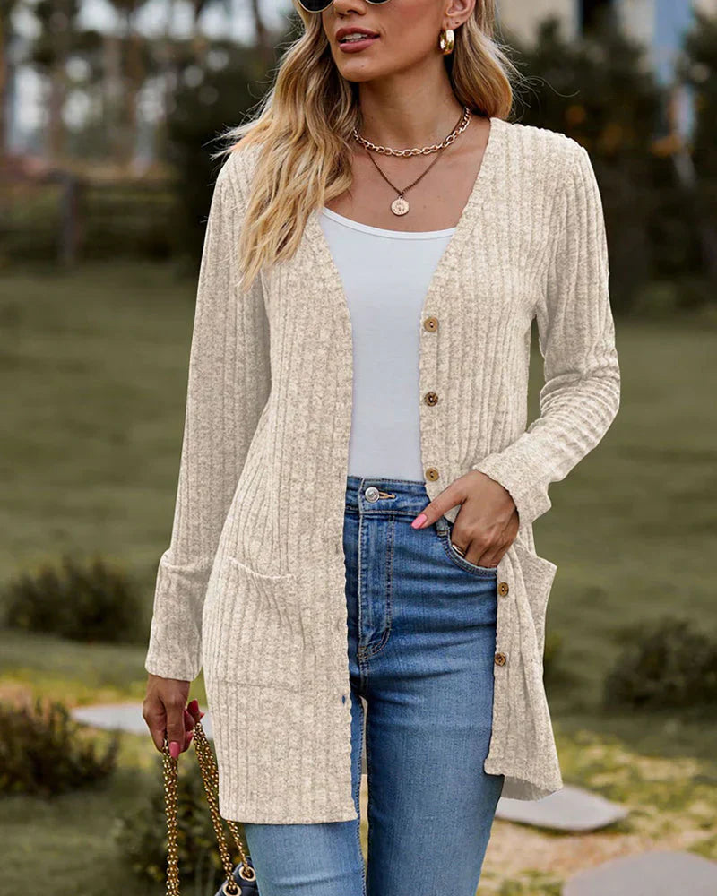 Women's relaxed-fit ribbed knit cardigan with button front, mid-thigh length, and side pockets