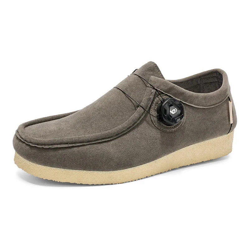 Men's brown suede moccasin loafers slip-on style with cushioned insole and lightweight EVA sole