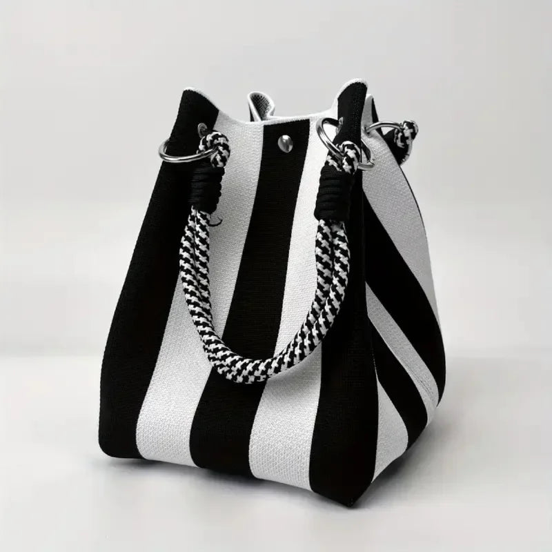 Moxie mini bucket bag durable canvas stripe patchwork padded rope handles magnetic closure city bag