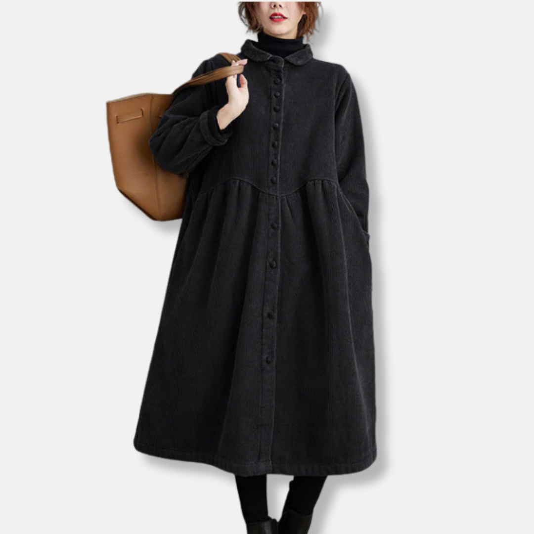 Women's corduroy midi coat A-line loose fit high neck button front timeless autumn style