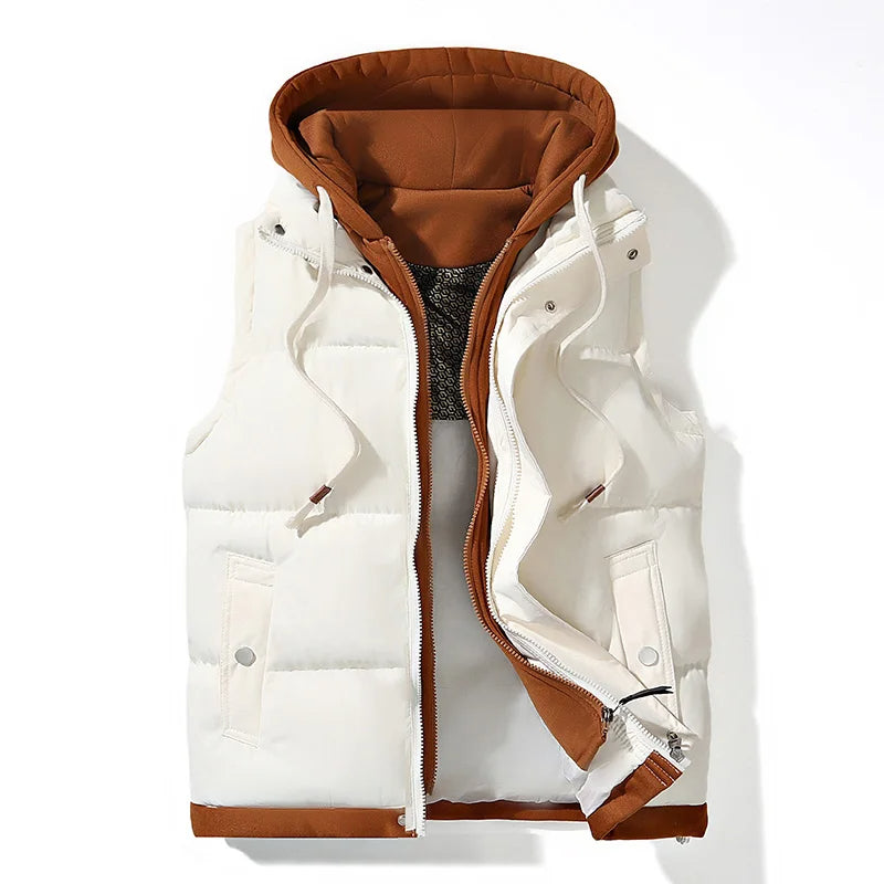 Navy blue hooded puffer vest soft shell zip-front gilet with contrast fleece-lined hood