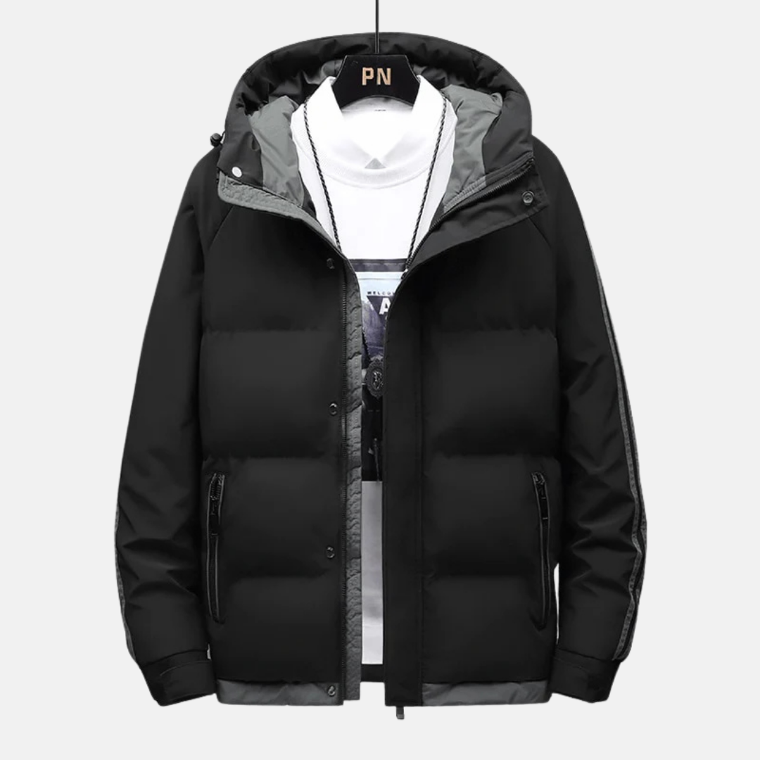 Men's black hip-length puffer jacket woven blend fixed hood adjustable cuffs urban style