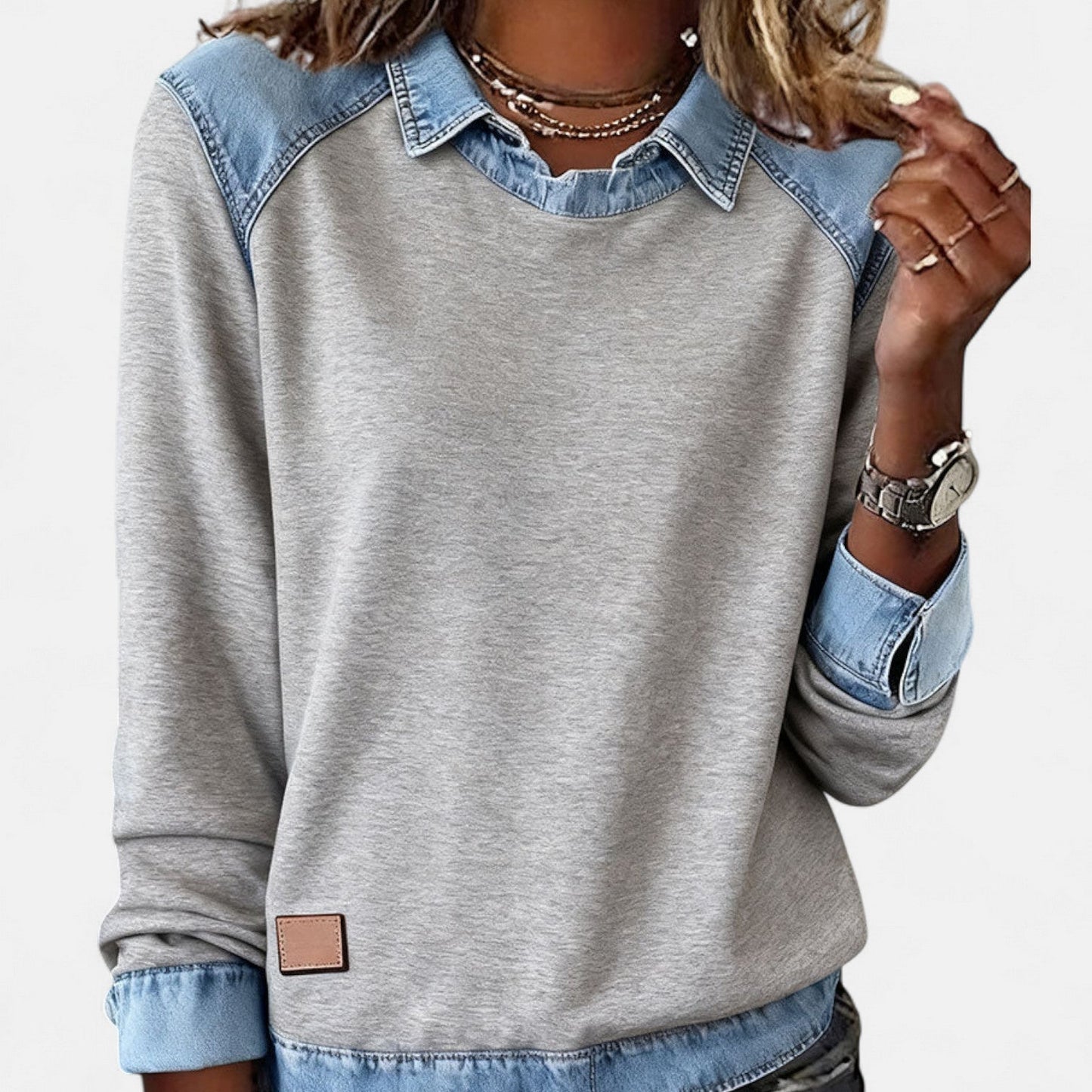 Women's layered sweatshirt with faux denim collar and cuffs, casual relaxed pullover fit