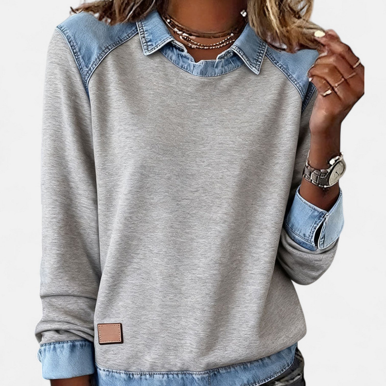 Women's layered sweatshirt with faux denim collar and cuffs, casual relaxed pullover fit