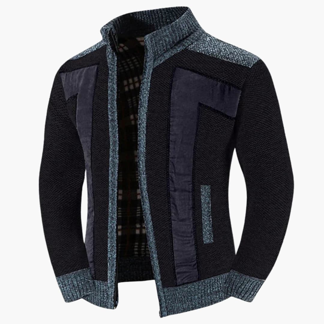 Men's zip-up cardigan with stand-up collar, ribbed cuffs, and premium textured knit panels