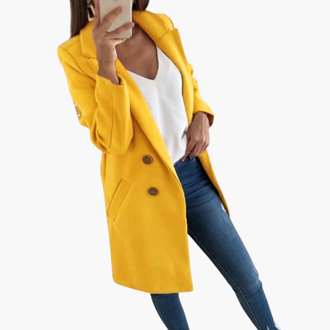 Women's long sleeve button-front coat with fold-over collar, cozy lined interior and side pockets