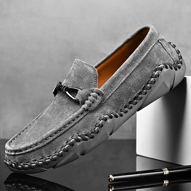 Braye premium suede loafers in neutral tone, roomy moc toe slip-on with hand-stitched sole