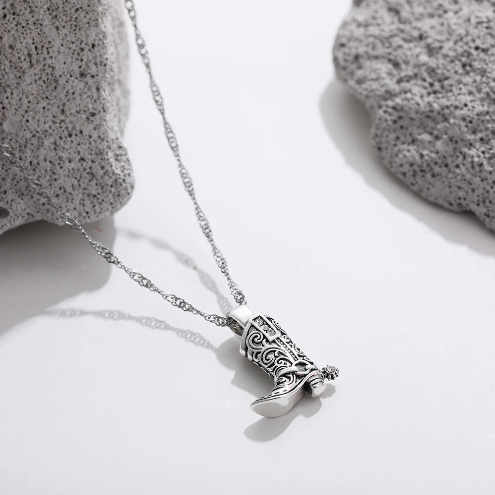 Gold silver cowgirl boot pendant necklace with rhinestones and engraved western detail