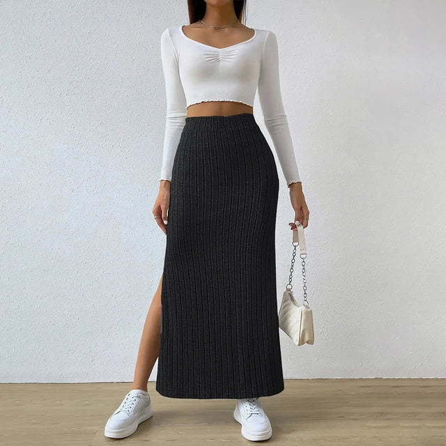 Women's ribbed knit maxi skirt cotton blend textured silhouette with flattering split hem