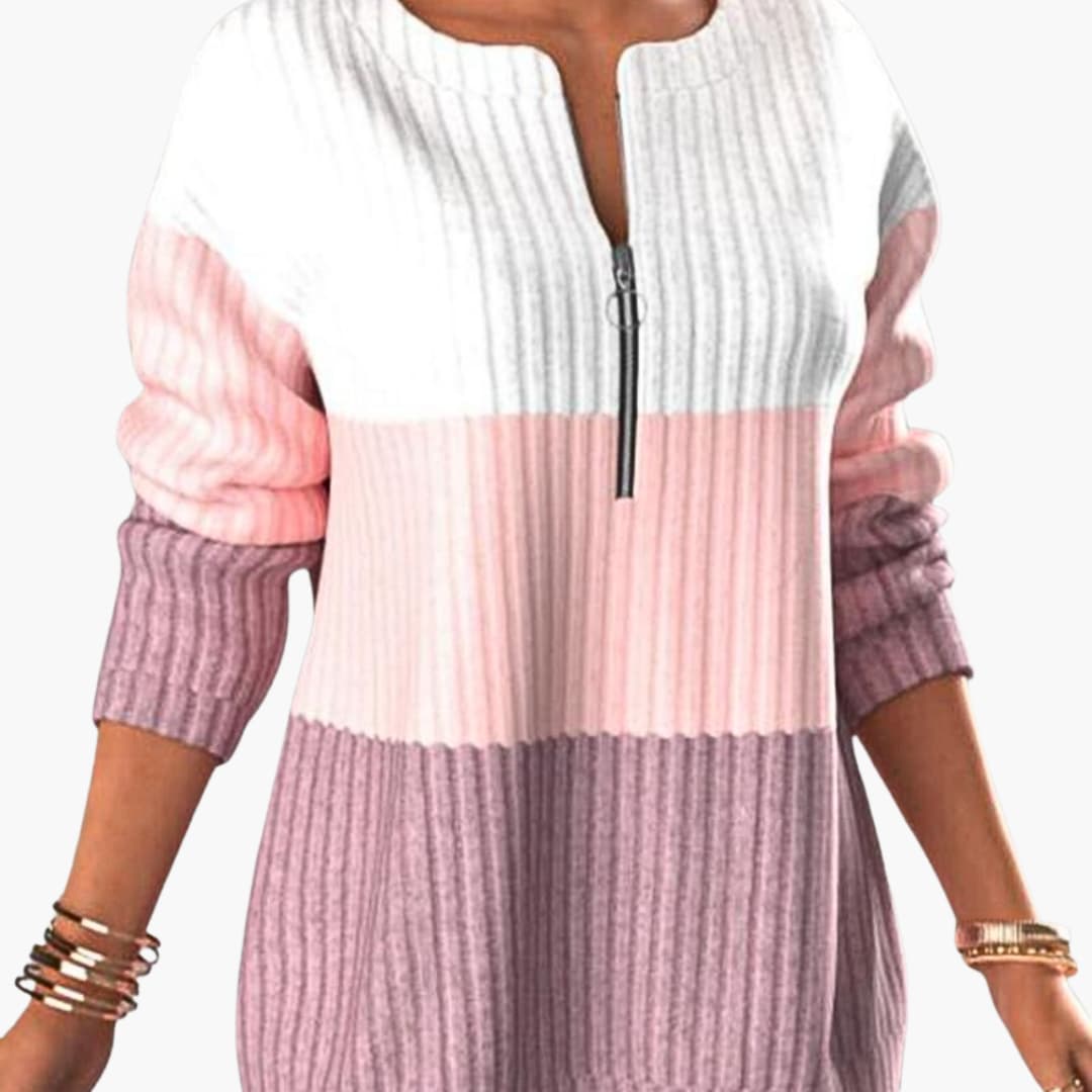 Women's ribbed knit zip-neck pullover long sleeve sweater in neutral tone, cozy everyday fit