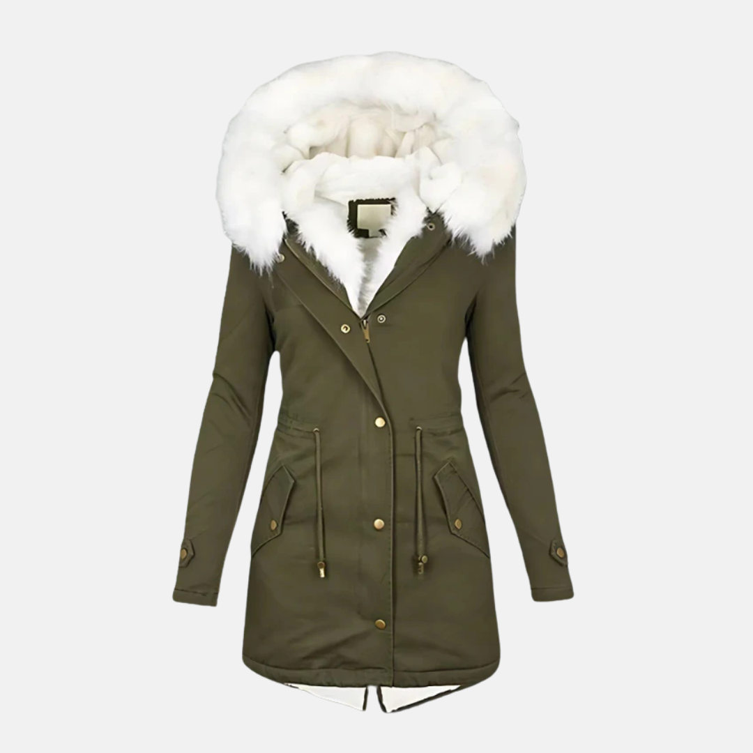 Women's slim fit mid-length parka coat with cozy faux fur hood, water-resistant all-weather design