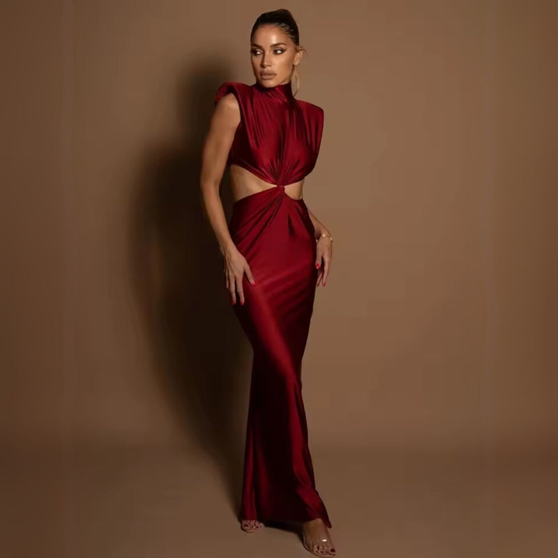Olive green satin maxi dress sculpted silhouette precision cut formal gown for modern women