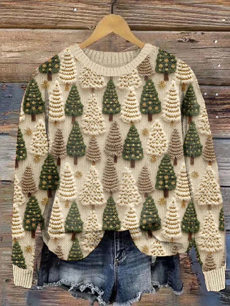 Red Christmas sweater with textured knit tree motifs, cozy holiday crewneck for family gatherings