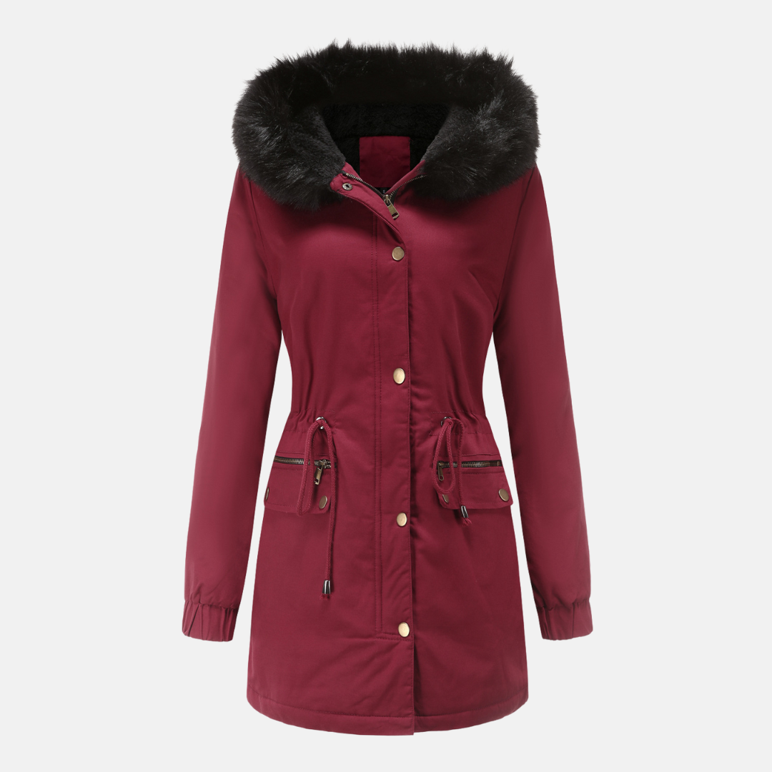 Women's longline parka jacket with faux fur hood, adjustable waist, weather-resistant cozy winter fit