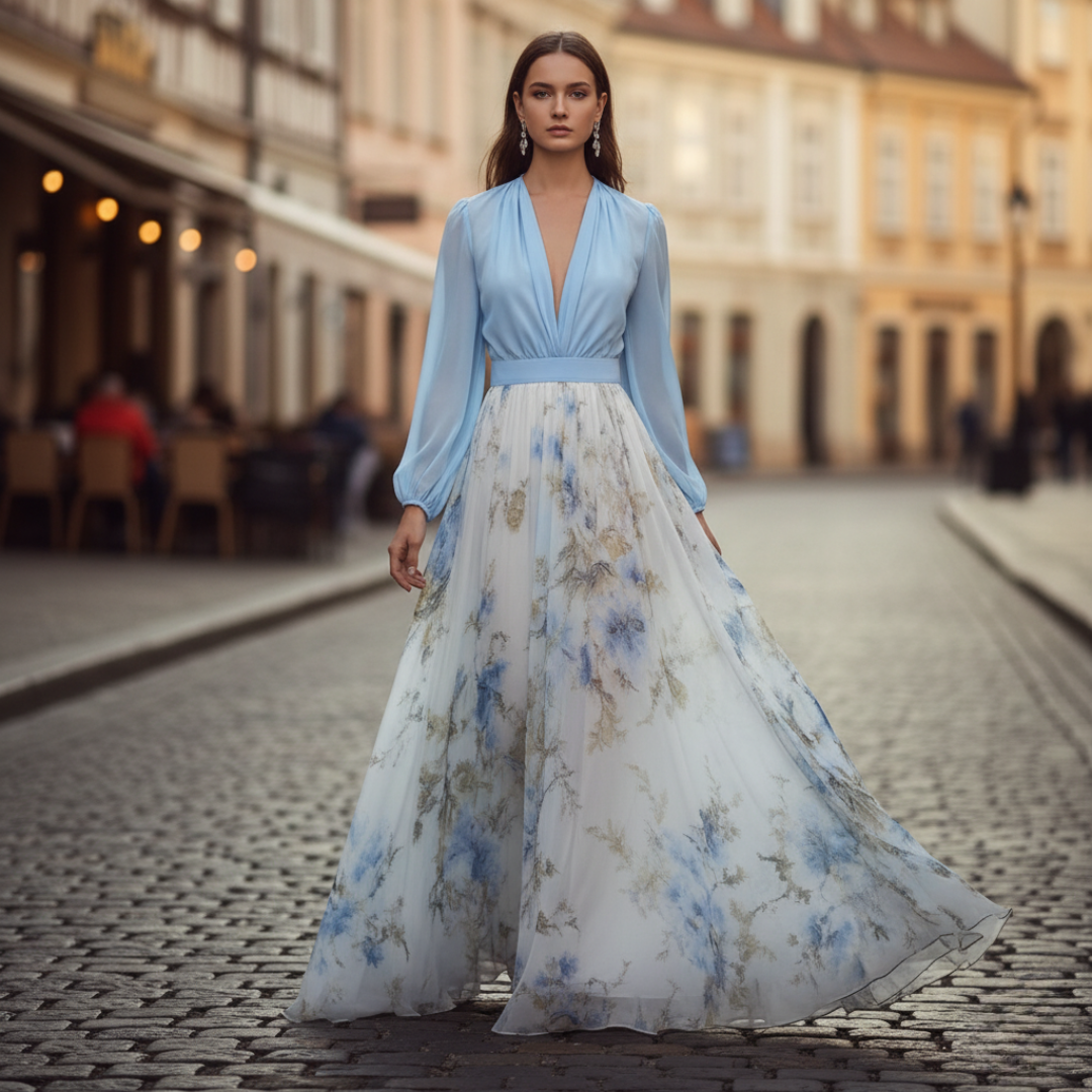 Women's Long Floral Chiffon Dress With Elegant Semi-Transparent Puff S