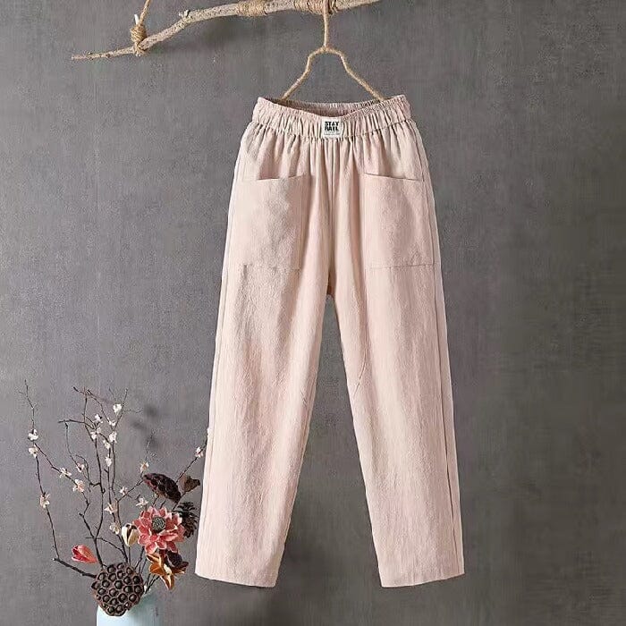 Women's relaxed-fit cotton pants in neutral tone with generous silhouette for all-day comfort