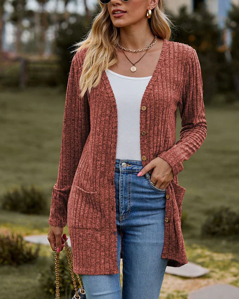 Women's relaxed fit ribbed knit cardigan mid-thigh length with button front and side pockets