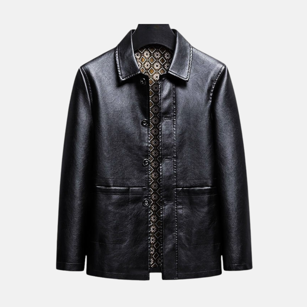 Men's burgundy faux leather jacket regular fit hip-length single breasted smart casual urban style
