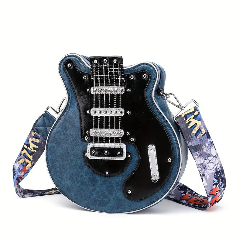 Guitar-shaped unisex crossbody shoulder bag with rock edge strap and spacious interior for music lovers